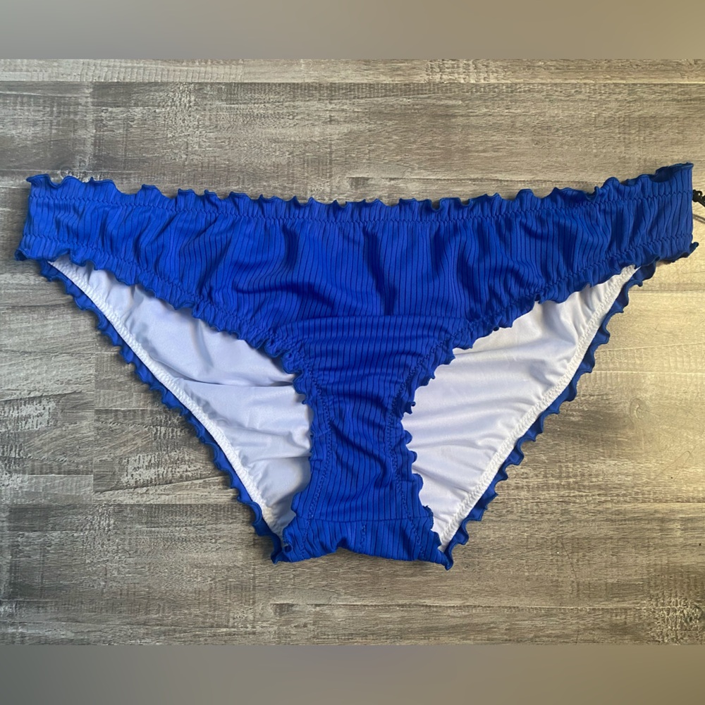 Shade & Shore Ribbed Ruffle Cheeky Bikini Bottom Blue New